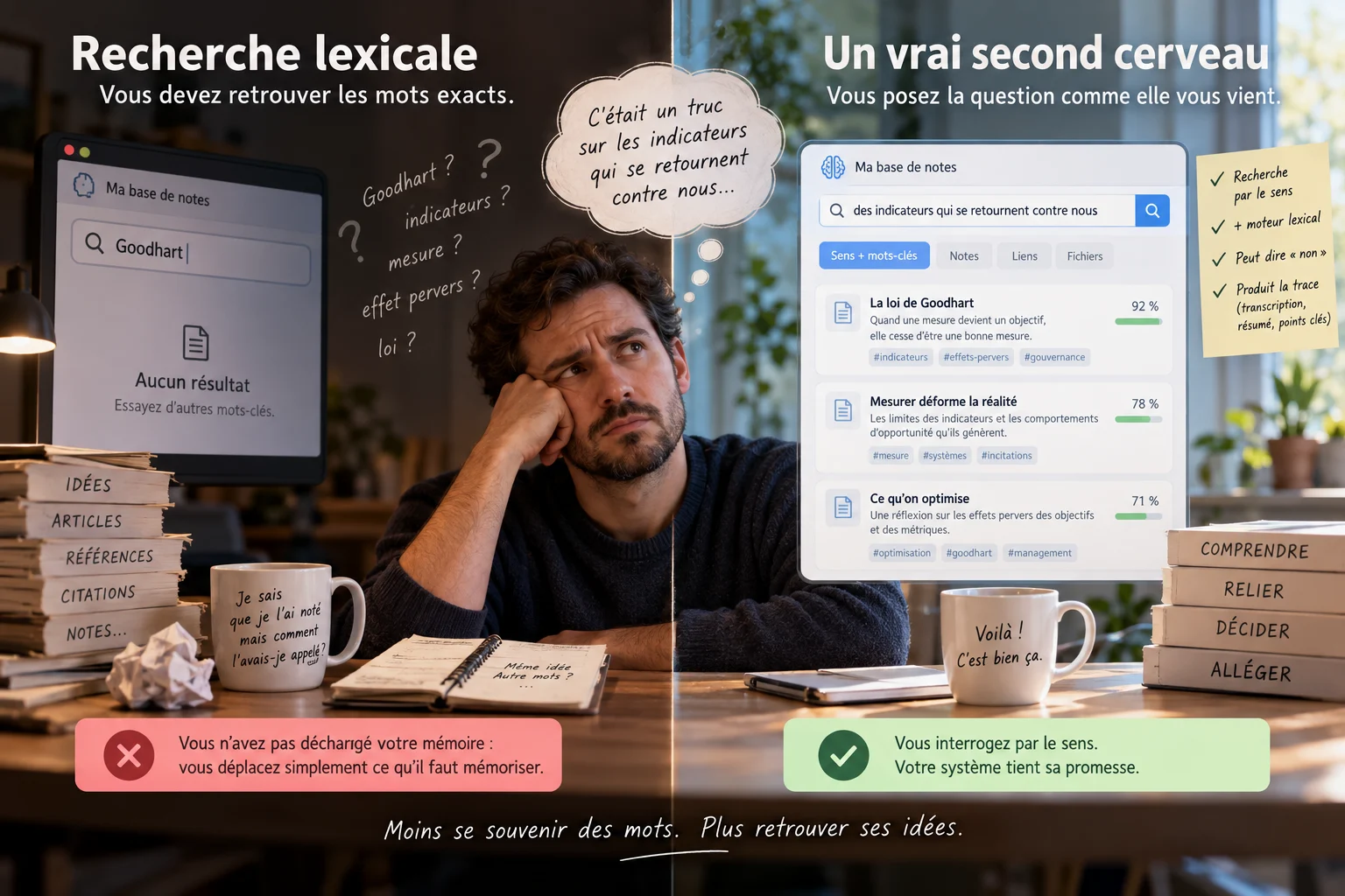 À gauche, une recherche par mots-clés qui ne renvoie aucun résultat ; à droite, la même question posée en langage courant, qui remonte les notes attendues.