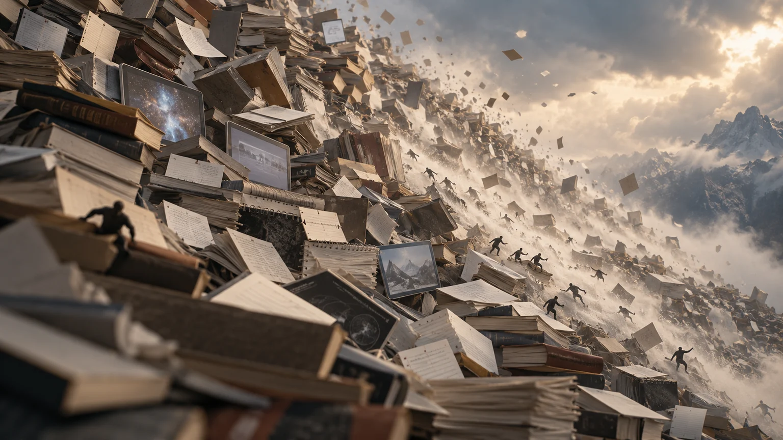 Une avalanche de livres, de notes et d'écrans dévale une pente de montagne, emportant de petites silhouettes qui tentent de la fuir.