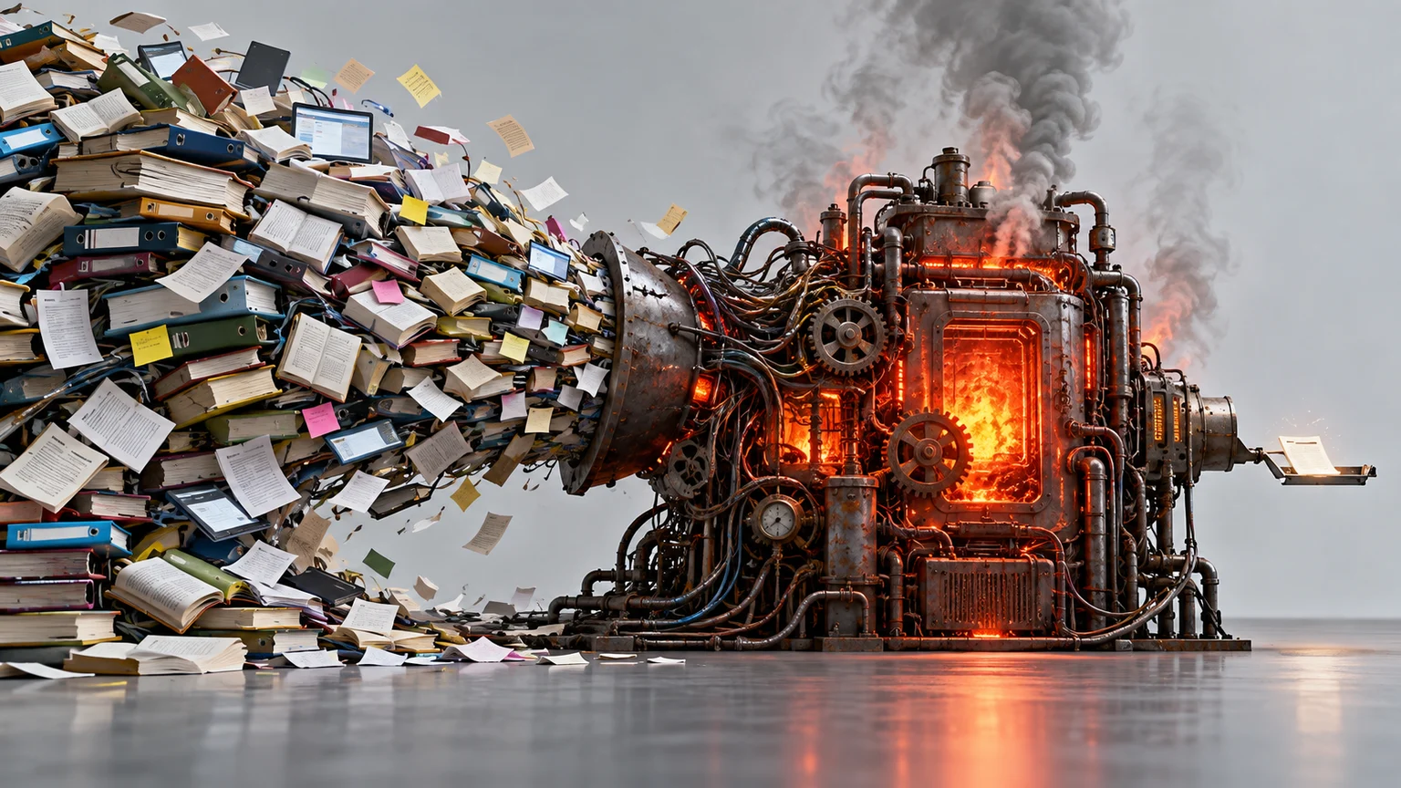 Une machine en surchauffe avale une montagne de classeurs et de papiers, crache de la fumée, et ne ressort qu'une seule feuille.