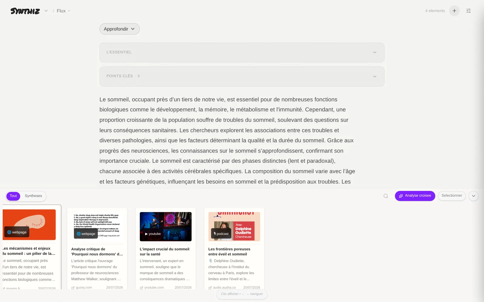 Une synthèse ouverte : l'essentiel, les points clés et le texte, avec ses sources